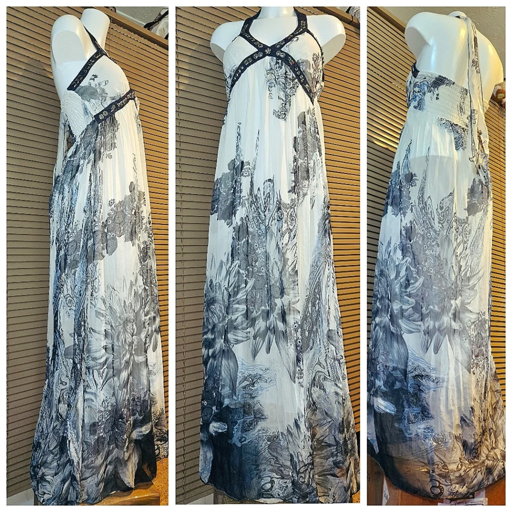 Versace style full-length maxi summer dress gown halterneck elasticated back - Picture 10 of 16